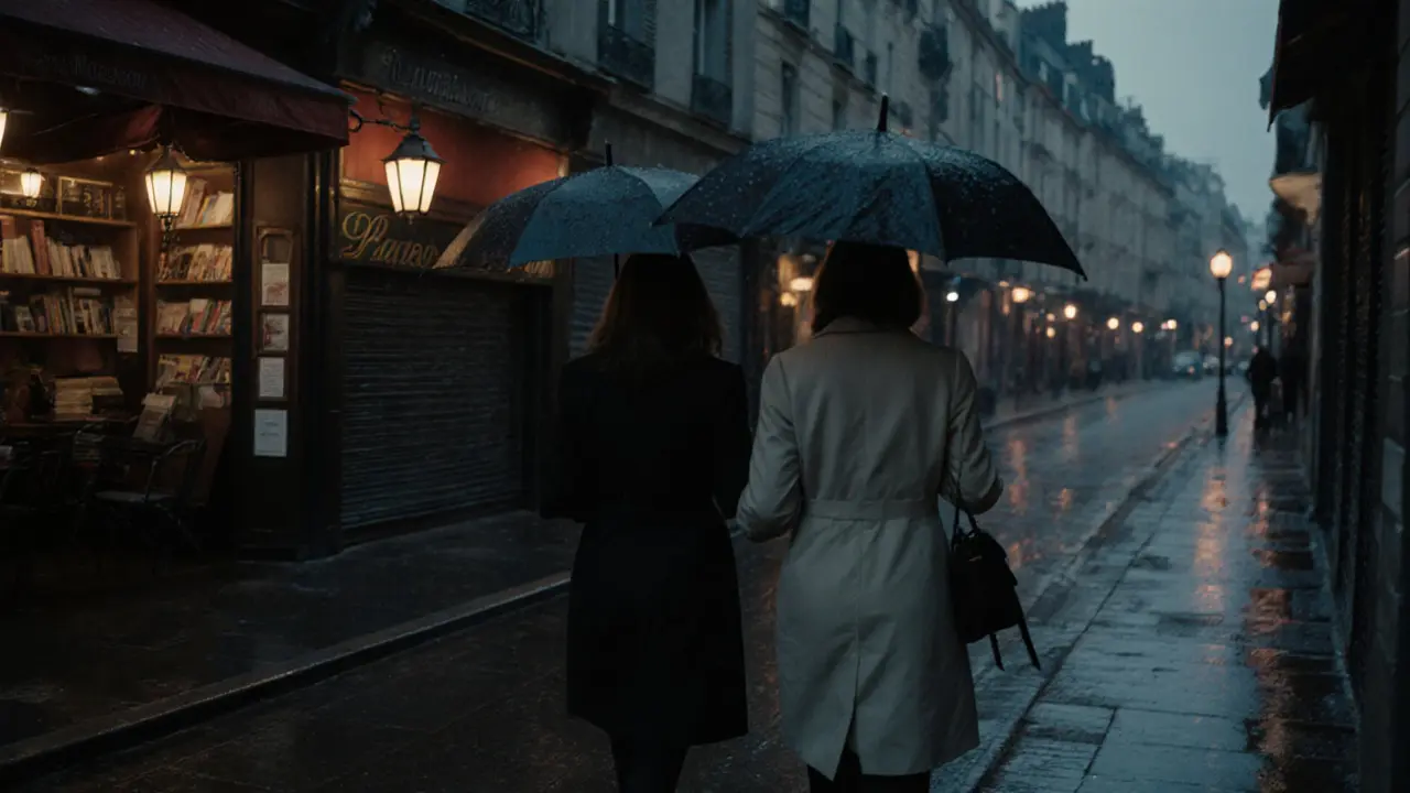 Two women walking together under umbrellas in a rainy Paris street at dusk.