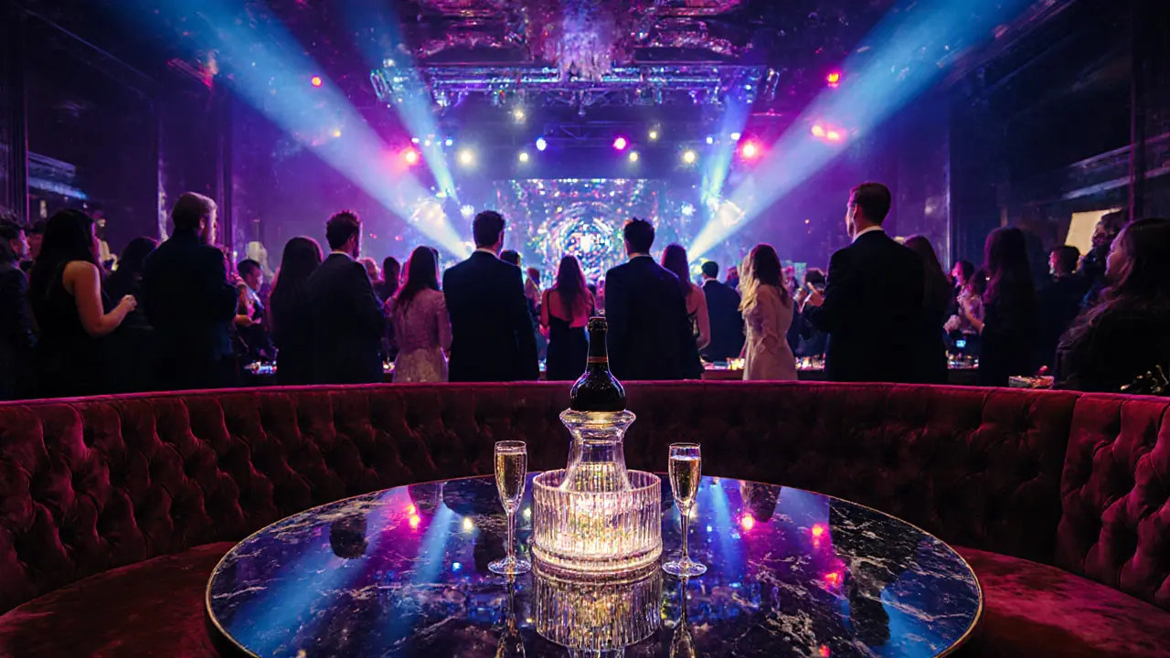 VIP table in L'Arc Paris nightclub with a group enjoying bottle service under vibrant lights.