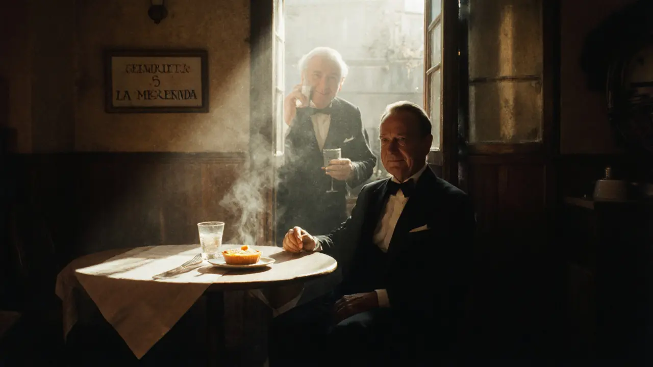 24-hour café at dawn, a guest in evening wear enjoys coffee and lemon tart with quiet calm.