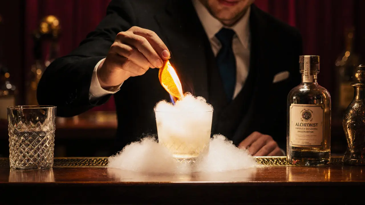 A bartender igniting a citrus peel over a glowing cocktail in a theatrical, dimly lit bar setting.