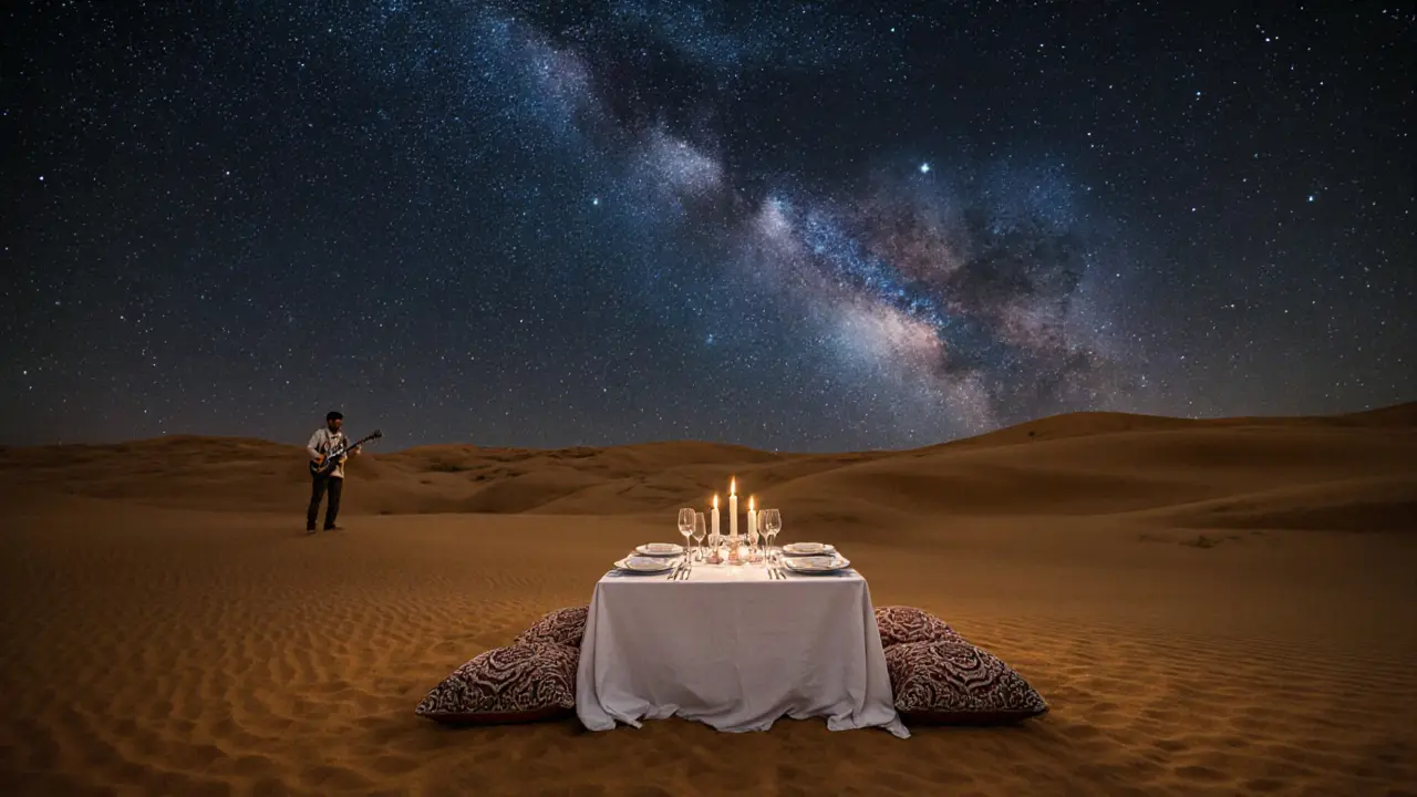 A candlelit desert dinner under a starry sky with dunes and oud player in the distance.