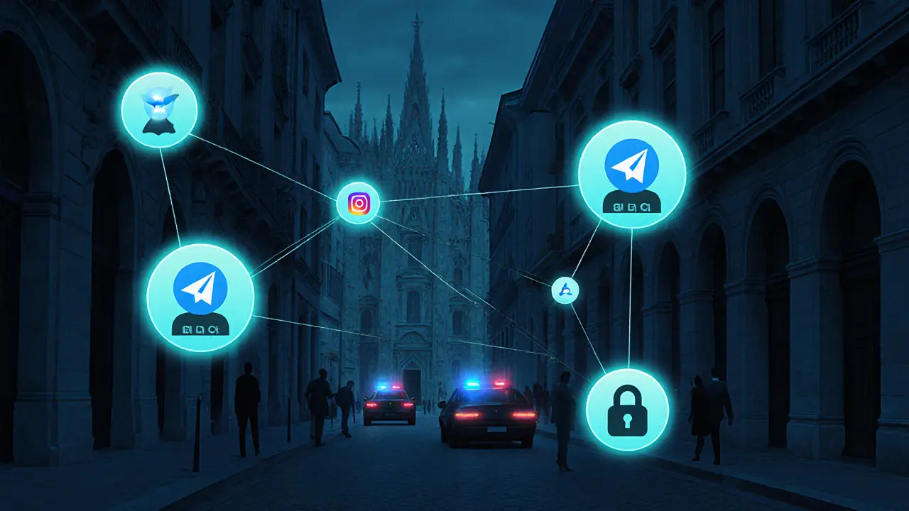 A conceptual map of encrypted digital networks beneath Milan’s skyline, representing the hidden escort industry.