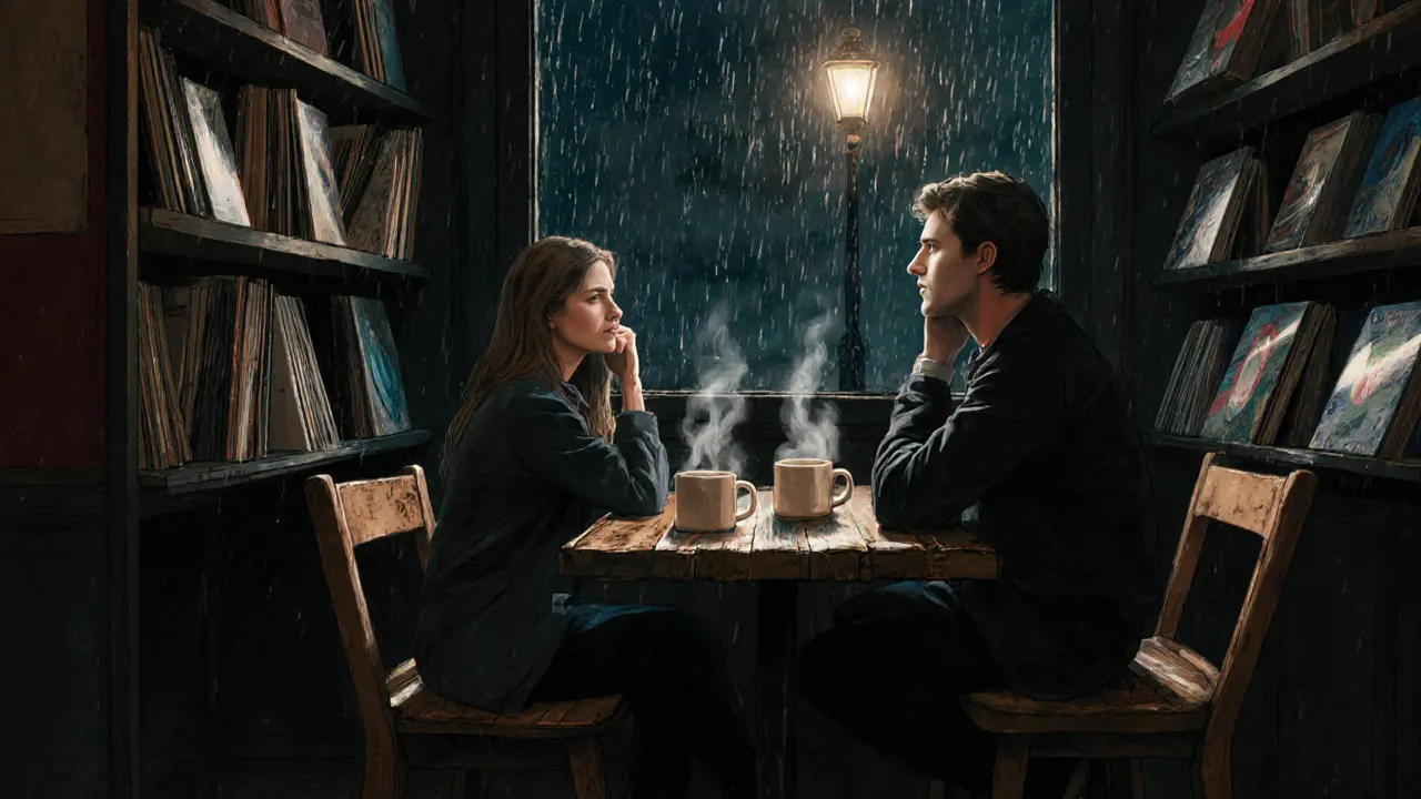 A couple in a cozy Kreuzberg café, listening intently, surrounded by books and vinyl records.