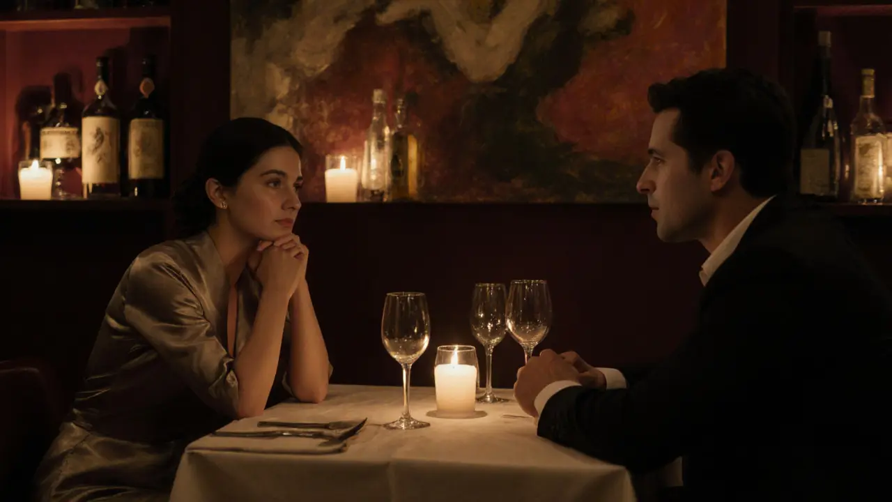 A couple shares a quiet dinner in an upscale Milan restaurant, bathed in candlelight with no faces visible.