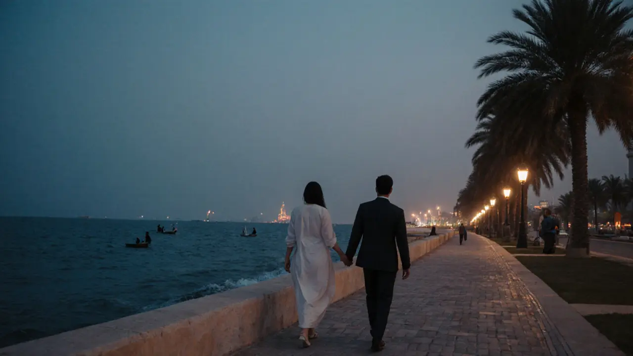 A couple walking hand in hand along the Corniche at dusk with calm waves and lanterns.