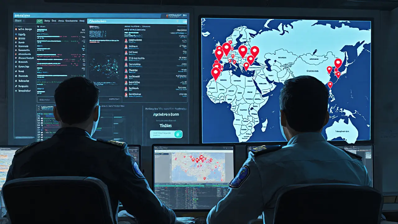 A cybercrime unit dashboard showing digital maps of flagged dating app messages across Dubai.