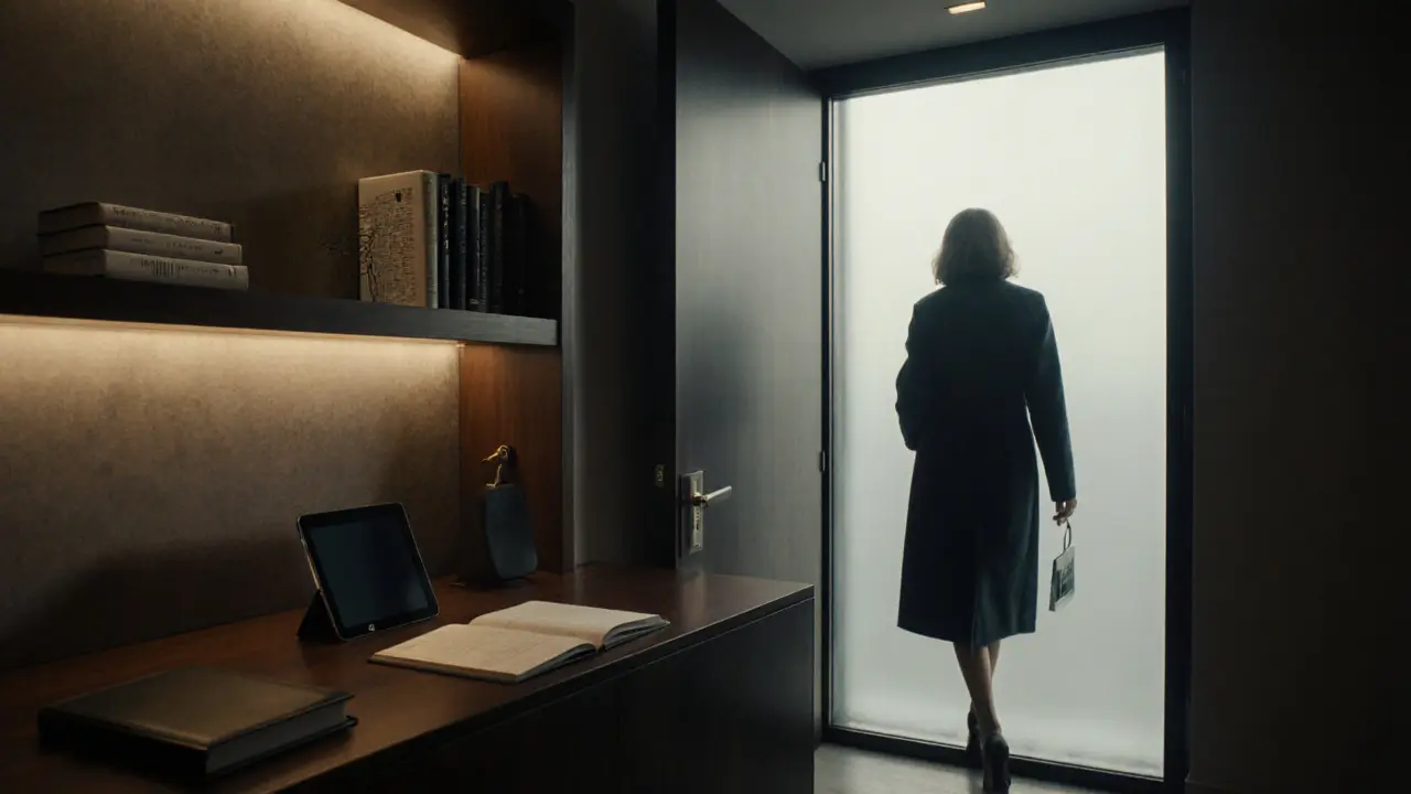 A discreet luxury concierge office with minimalist decor and no visible identities.