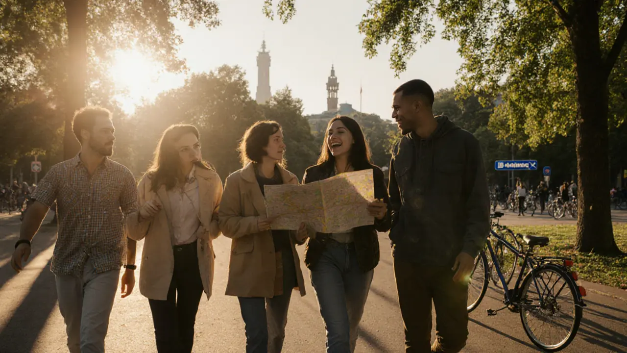 A diverse group walking together in Tiergarten park at sunset, laughing and chatting under trees.