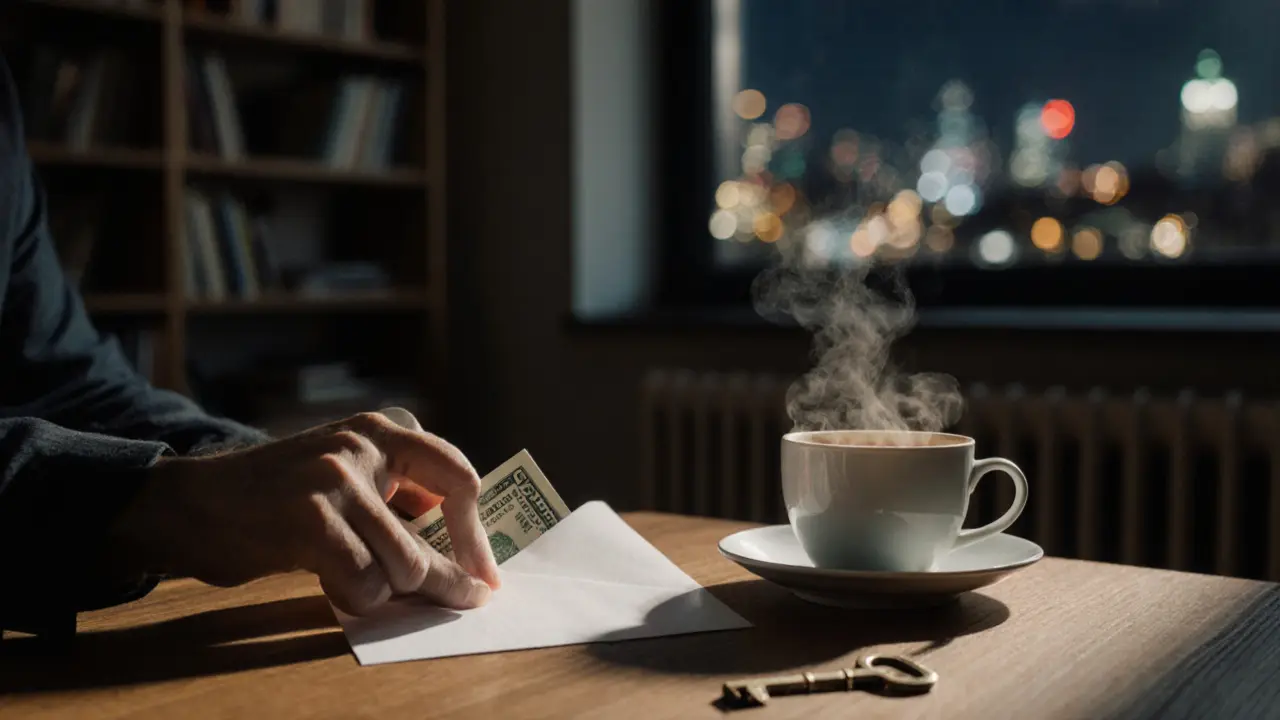 A hand placing cash on a table beside tea, with city lights visible through a window, emphasizing discretion and trust.