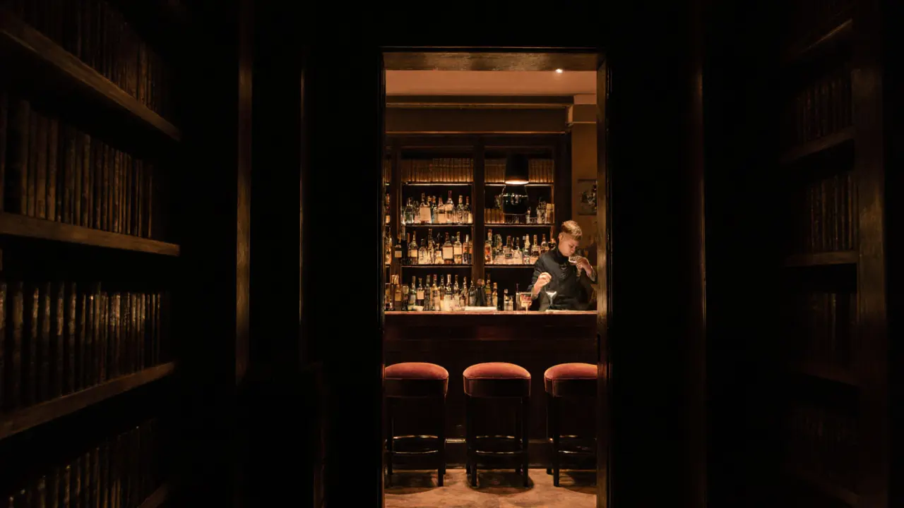 A hidden lounge behind a bookshelf, dimly lit with just 12 stools and a bartender preparing drinks in silence.