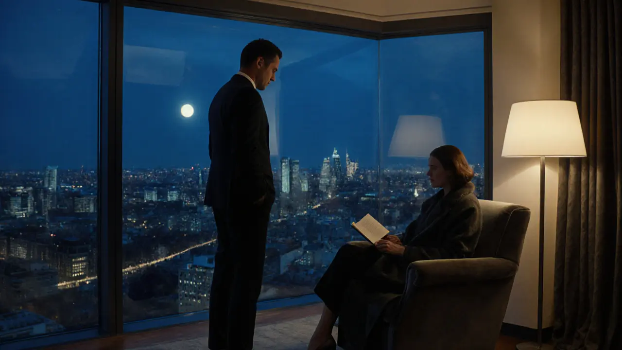 A man stands by a city window in a penthouse while a woman reads calmly nearby, emphasizing solitude amid luxury.