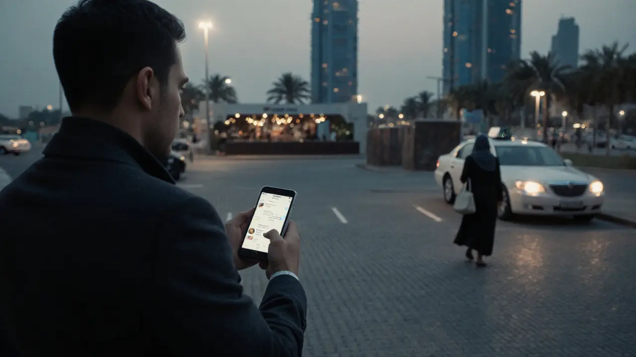 A man waits at a neutral parking lot near a café, preparing to meet someone discreetly at twilight.