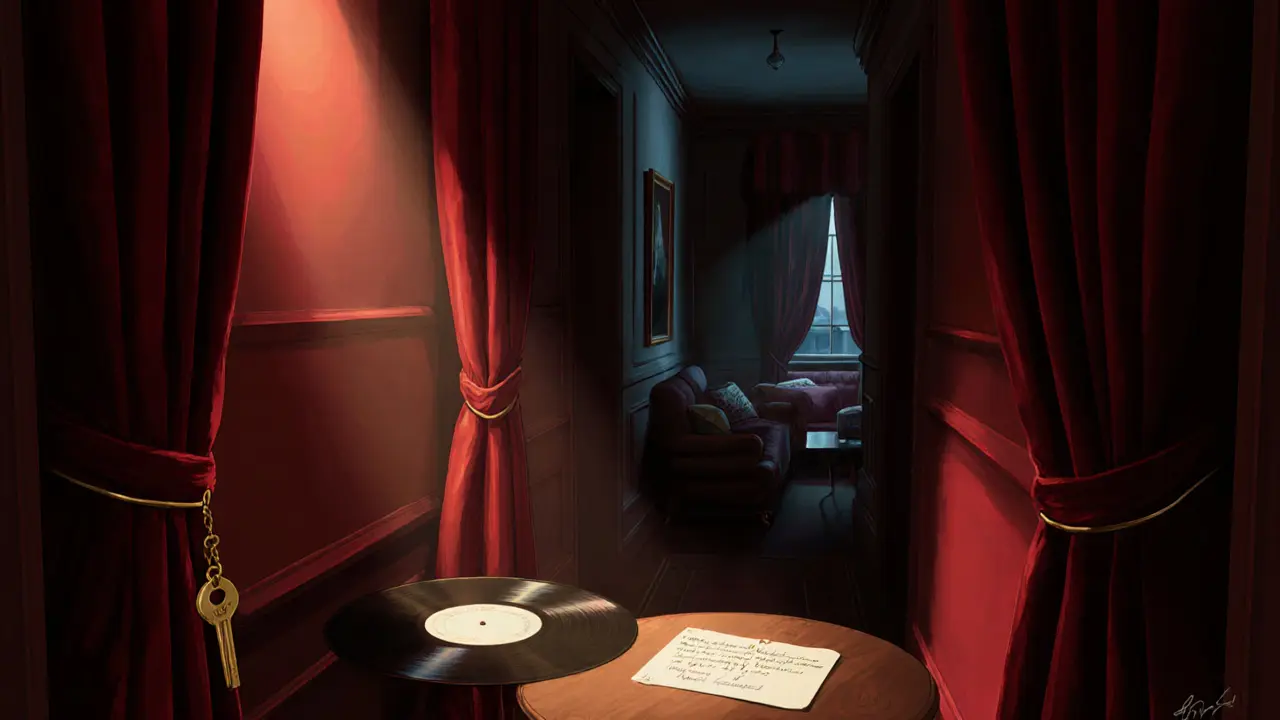 A narrow hallway leading to a velvet curtain, a keycard on a table, soft jazz lighting glowing beyond.