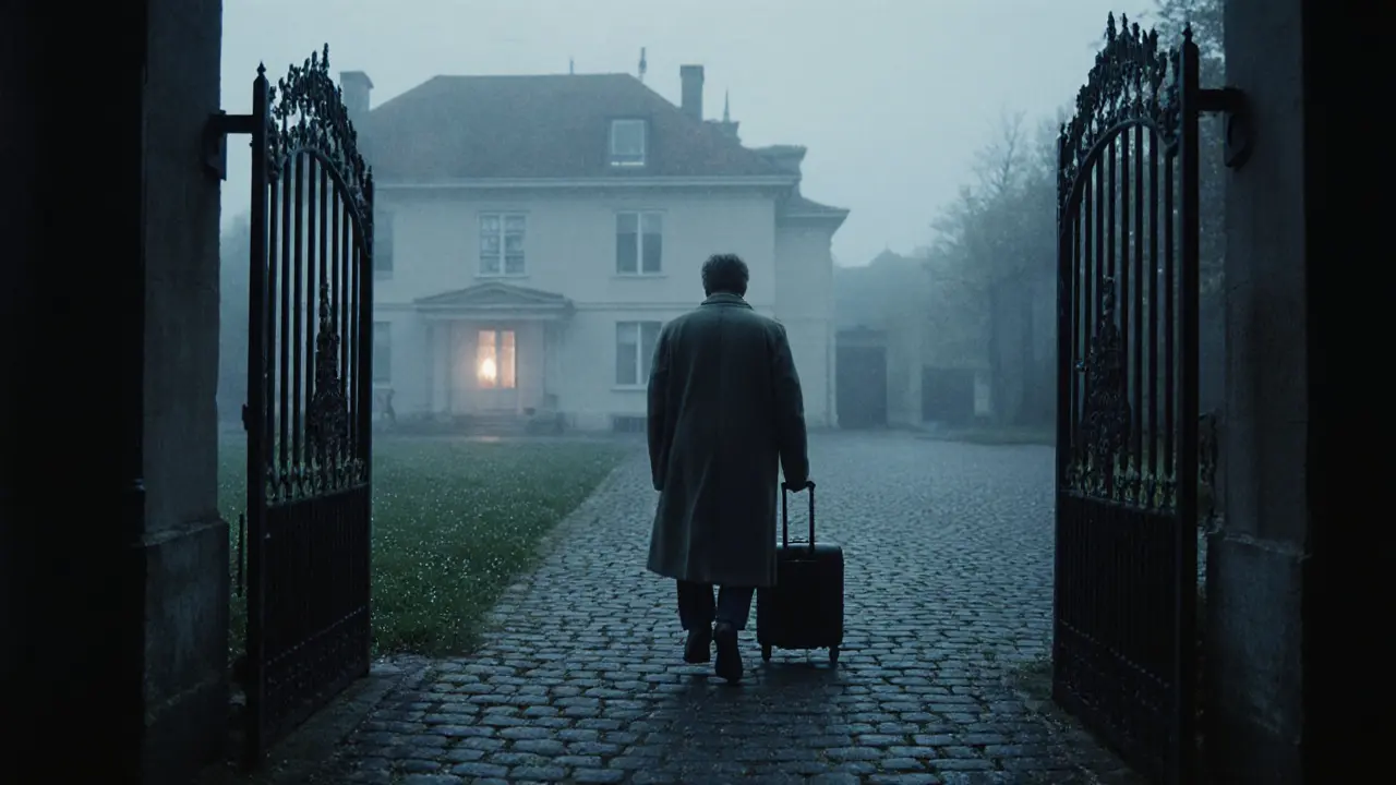 A person walking away from a private villa at dawn, suitcase in hand, disappearing into the misty Berlin morning.
