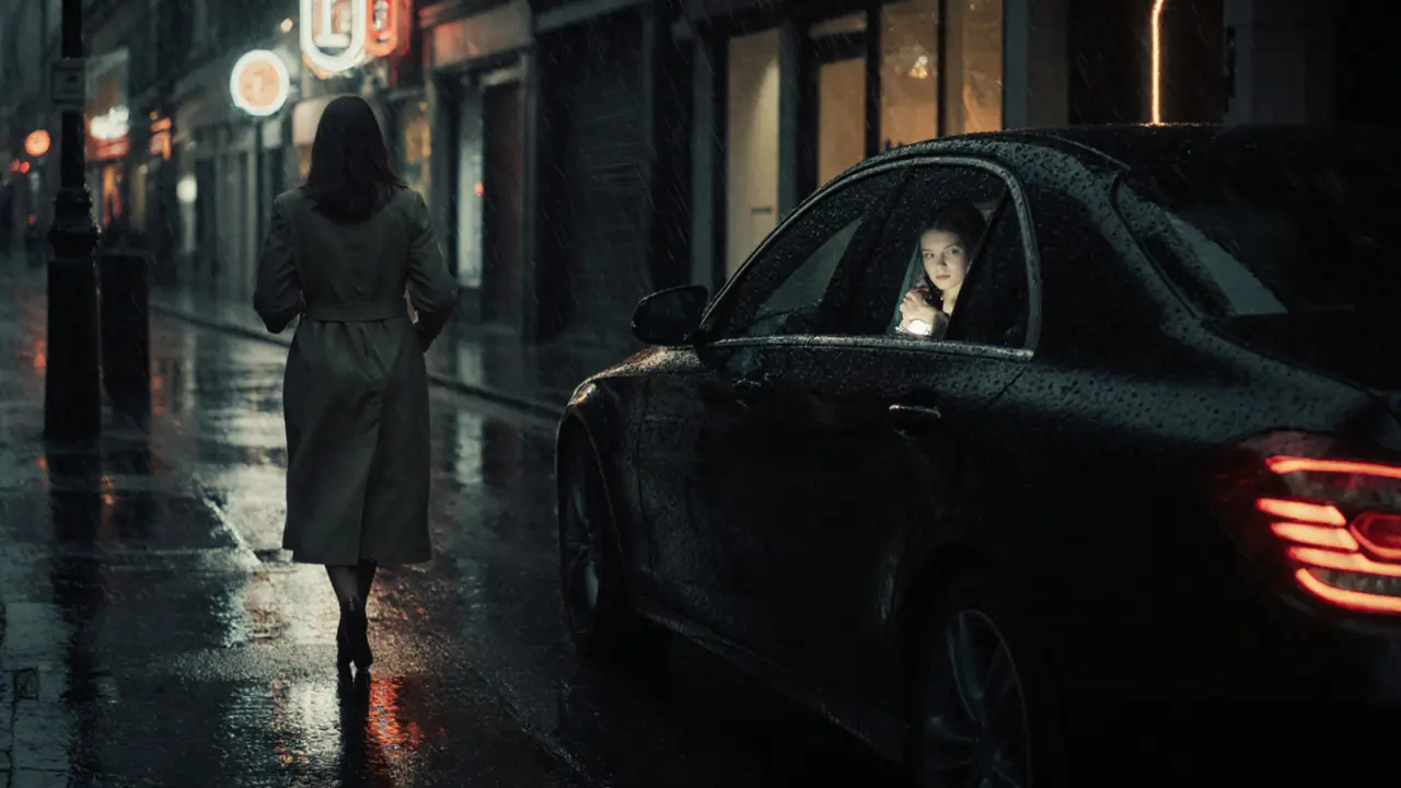 A professional escort waits in a car on a rainy London street at dawn, ready for her next appointment.