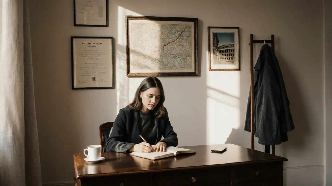 A professional woman writes in a journal in a sunlit Milan study, surrounded by academic and cultural artifacts.