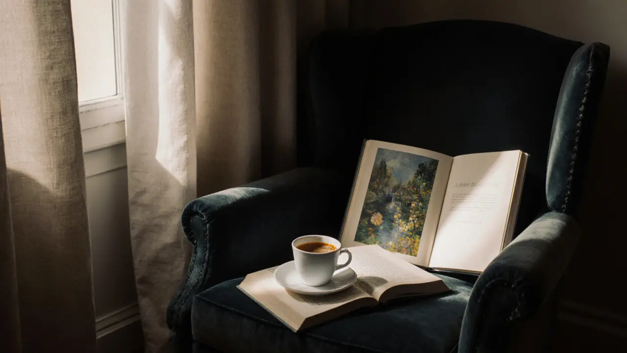 A quiet apartment interior with morning light, an open art book and coffee cup on a velvet chair.
