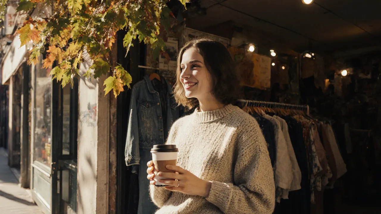 A real Milanese companion standing near a vintage shop in Porta Venezia with coffee in hand.