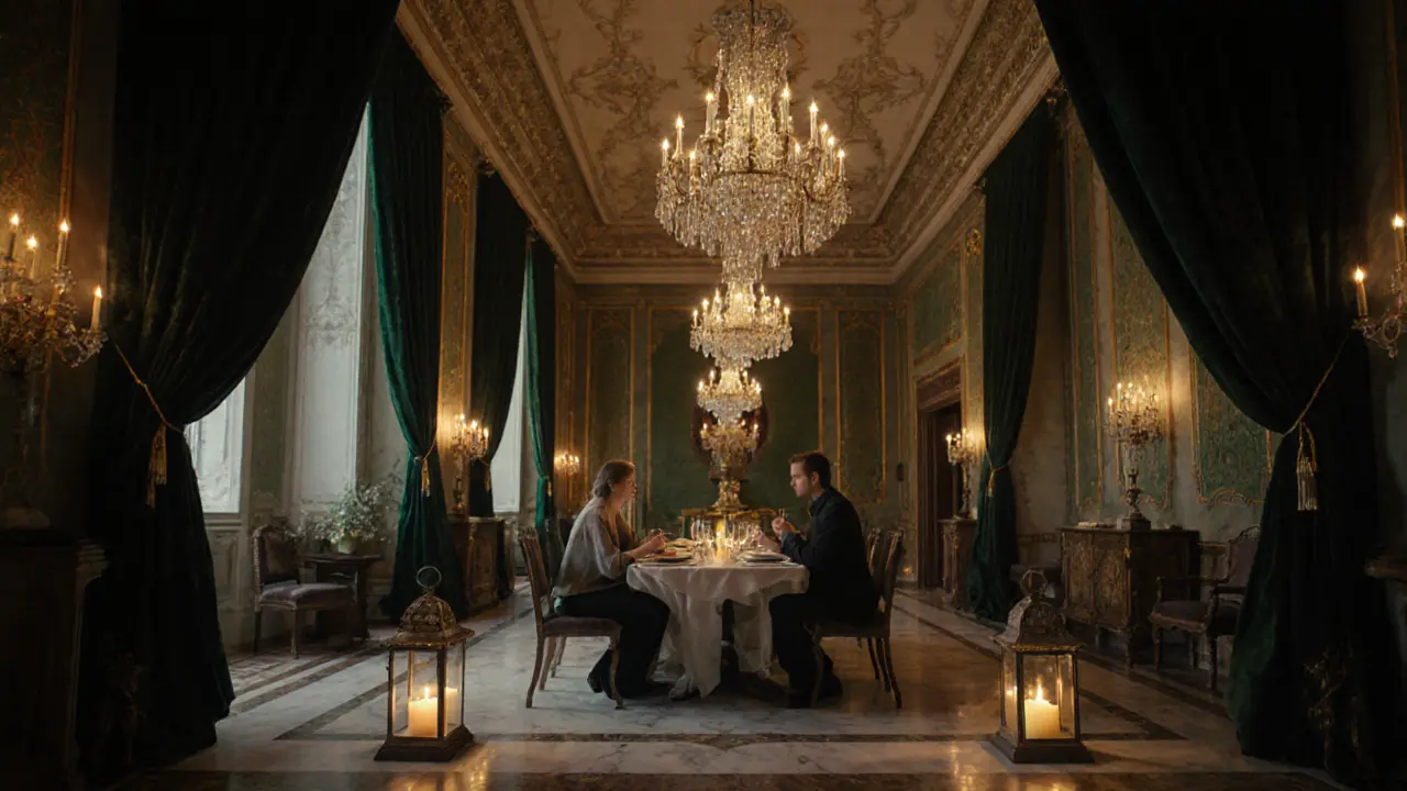 A romantic dinner in a grand palace dining room lit only by candles and chandeliers.