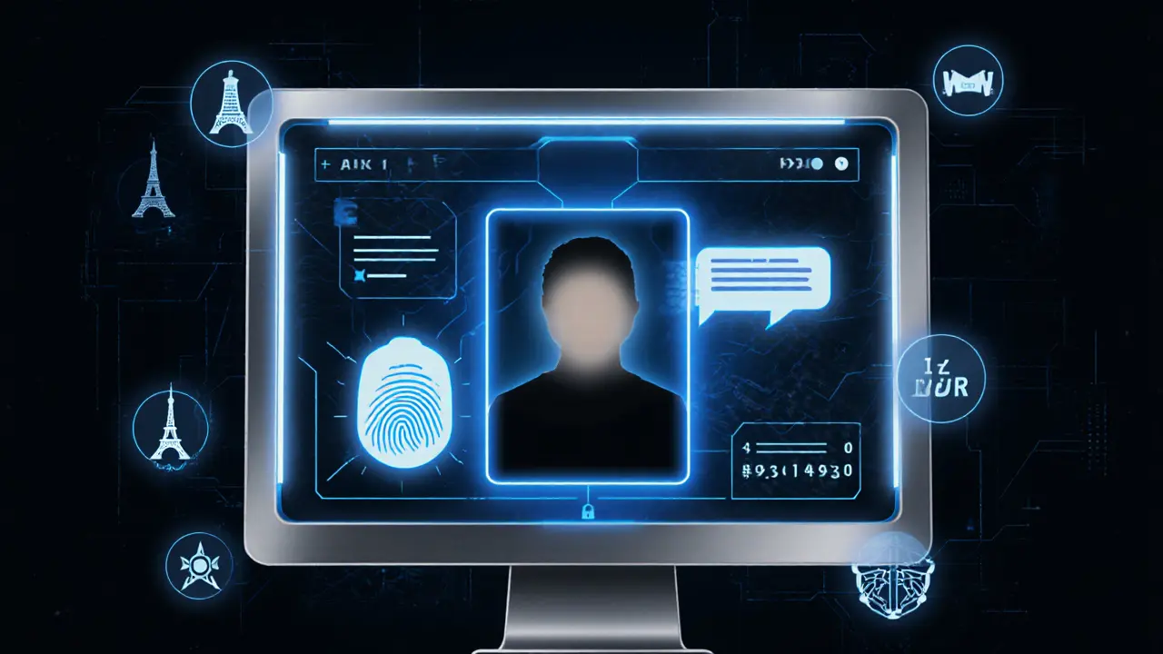 A secure digital portal with encrypted messages and a blurred profile, surrounded by global city icons.