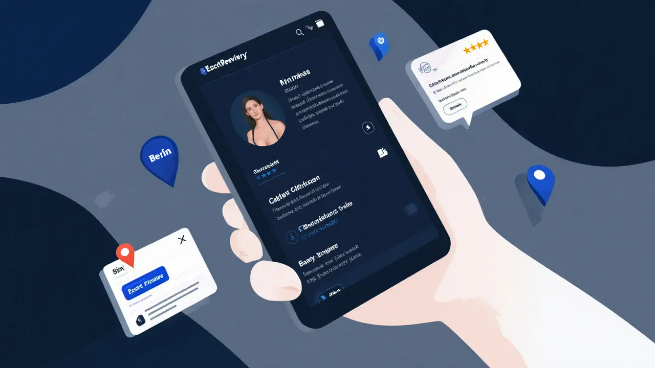A smartphone displaying a professional escort profile with verified reviews and payment confirmation in Berlin.