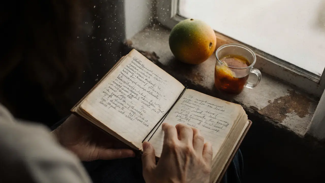 A woman&#039;s hands hold a notebook with personal notes, a mango and tea beside it, soft light highlighting quiet intimacy.