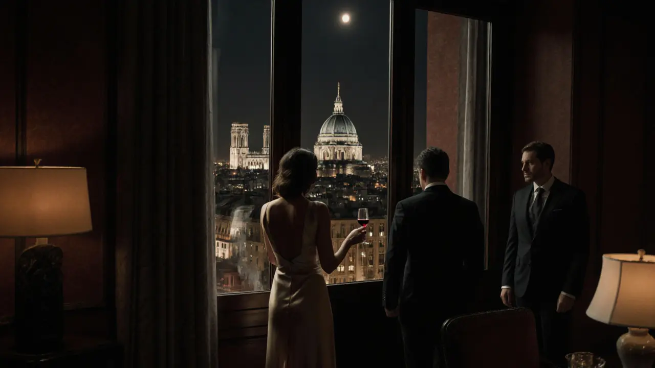A woman and client sharing a moment in a luxury hotel lounge overlooking Milan’s cathedral.