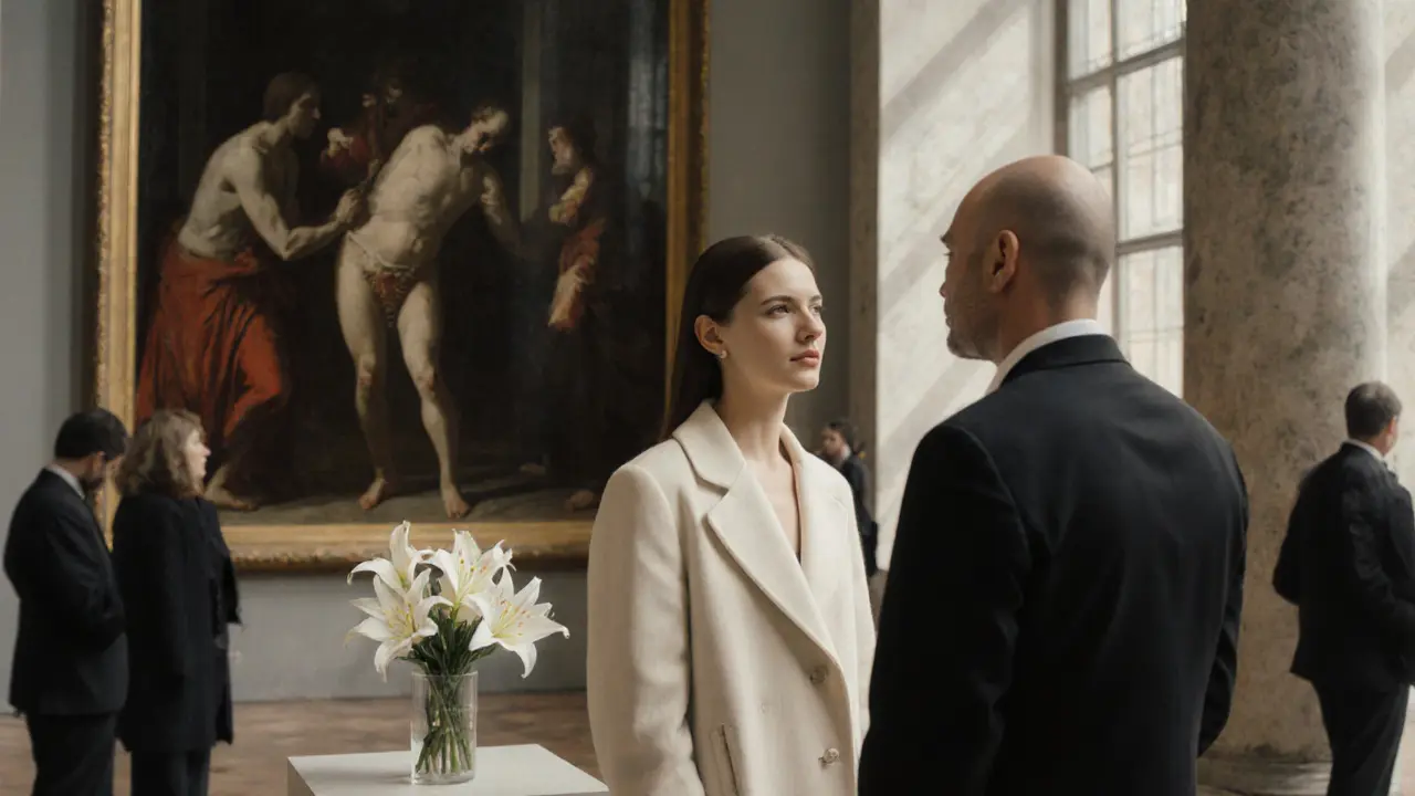 A woman and man viewing art together in a quiet gallery, softly lit by afternoon sun.