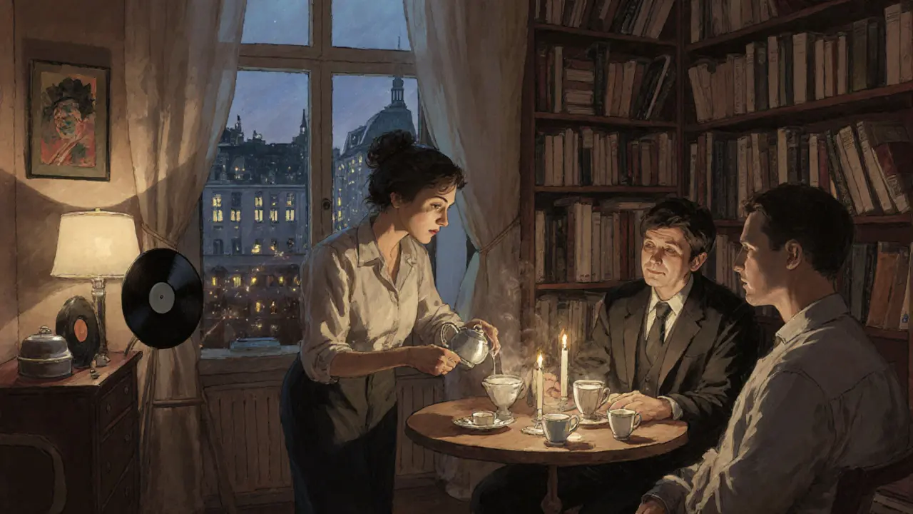 A woman hosting an intimate literary salon in a cozy Berlin apartment filled with books and soft candlelight.