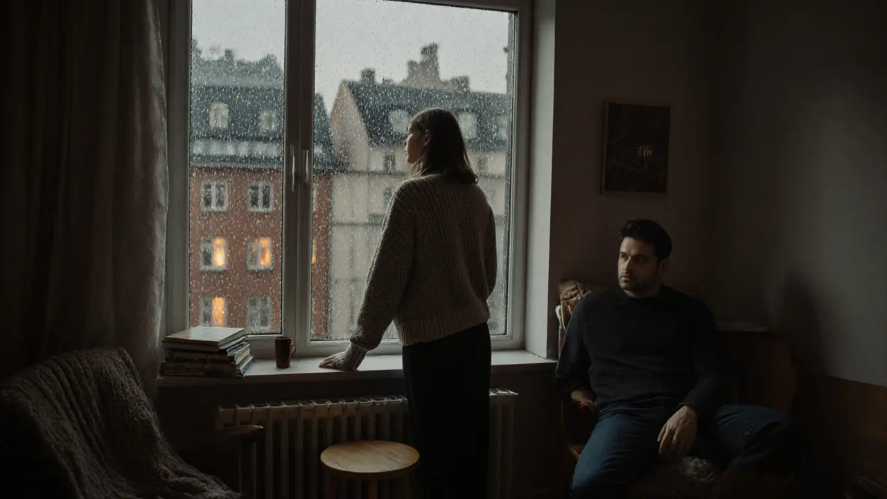 A woman looks out a rainy window in Kreuzberg as a man listens quietly beside her, surrounded by the cozy clutter of a lived-in home.