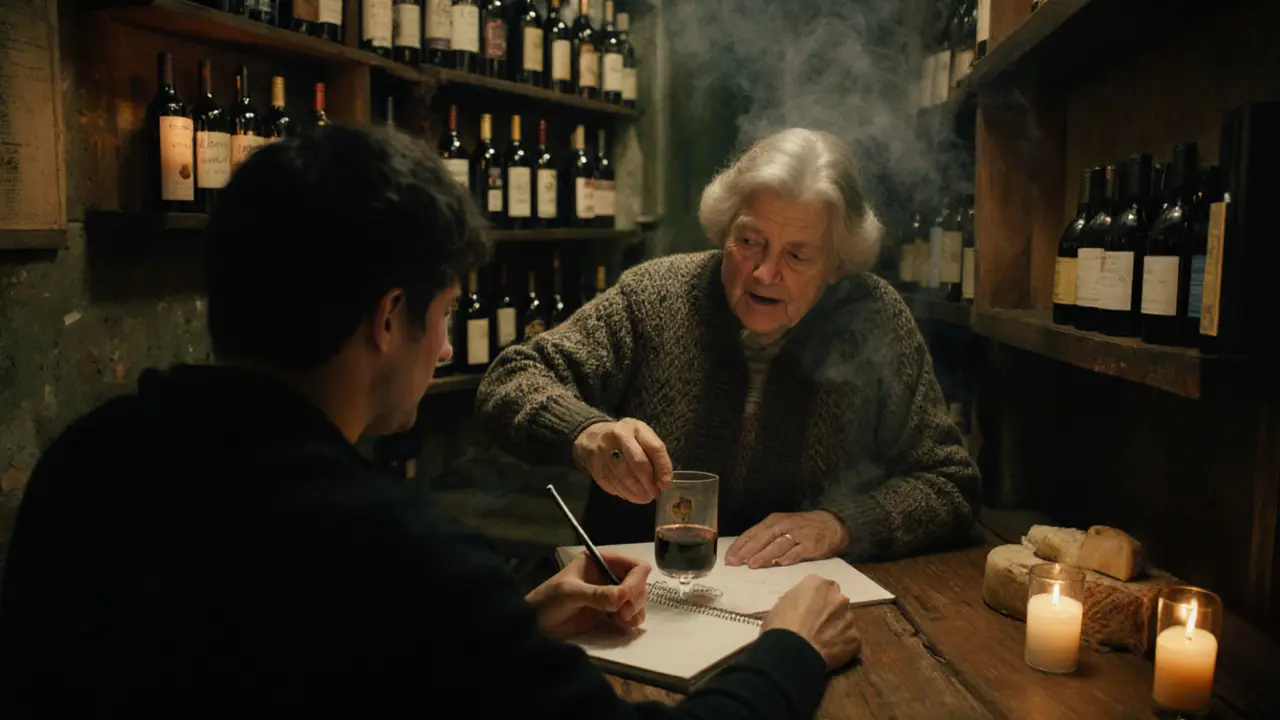 A woman pouring wine in a cozy underground bar, candlelight reflecting off wine bottles.