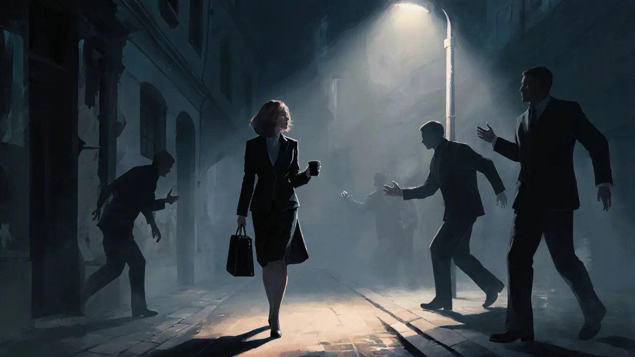 A woman walking confidently through a misty Berlin alley at night, symbolizing independence and safety.