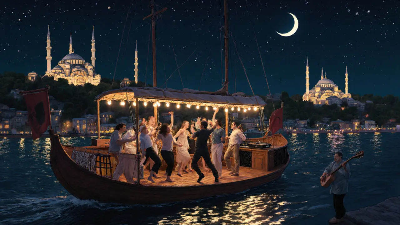 A wooden boat on the Bosphorus at night, lit by lamps, with guests dancing as the DJ plays music and illuminated palaces reflect on the water.