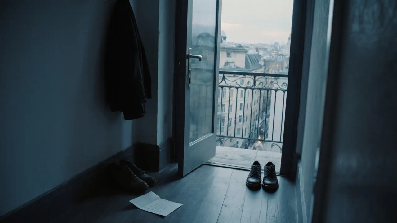 An empty hallway at dawn with shoes and a coat outside a slightly open door, suggesting a respectful departure after a private encounter.