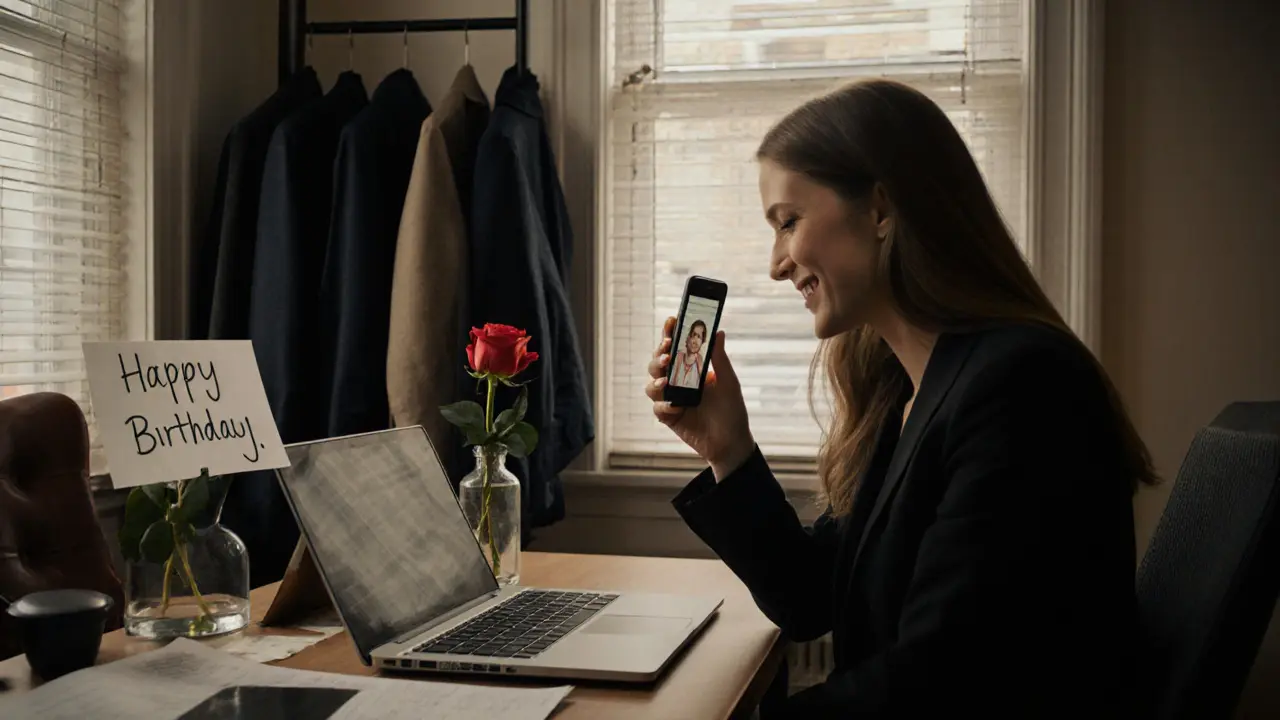 An escort&#039;s quiet workspace with a birthday note and rose, showing humanity beyond the transaction.
