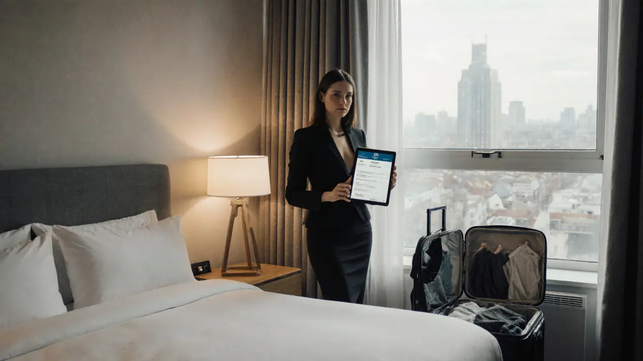 An escort in a hotel room showing a verified booking confirmation on a tablet, soft lighting and modern decor.