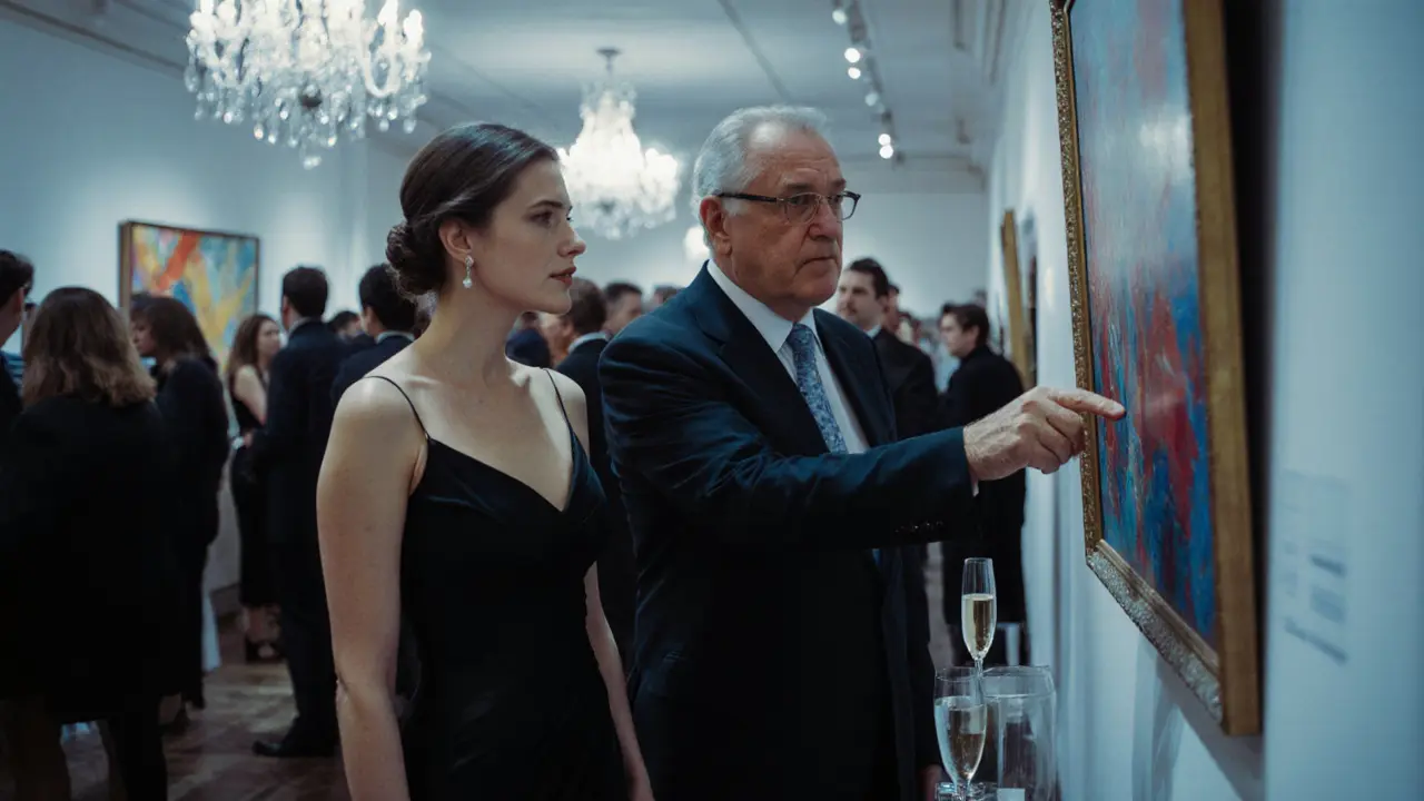 An escort listening attentively to a client at a sophisticated art gallery opening in Mayfair.