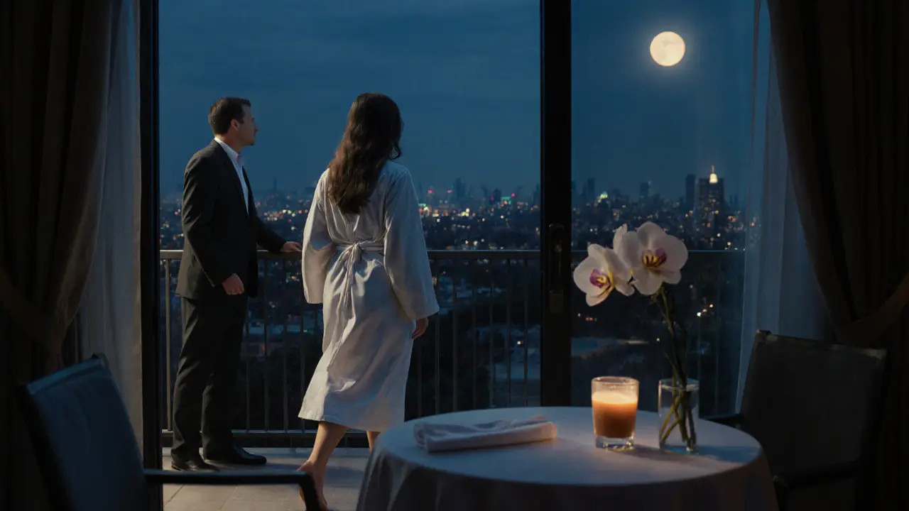 An escort pausing on a balcony at night, watched respectfully from behind by a man inside, city lights glowing softly.