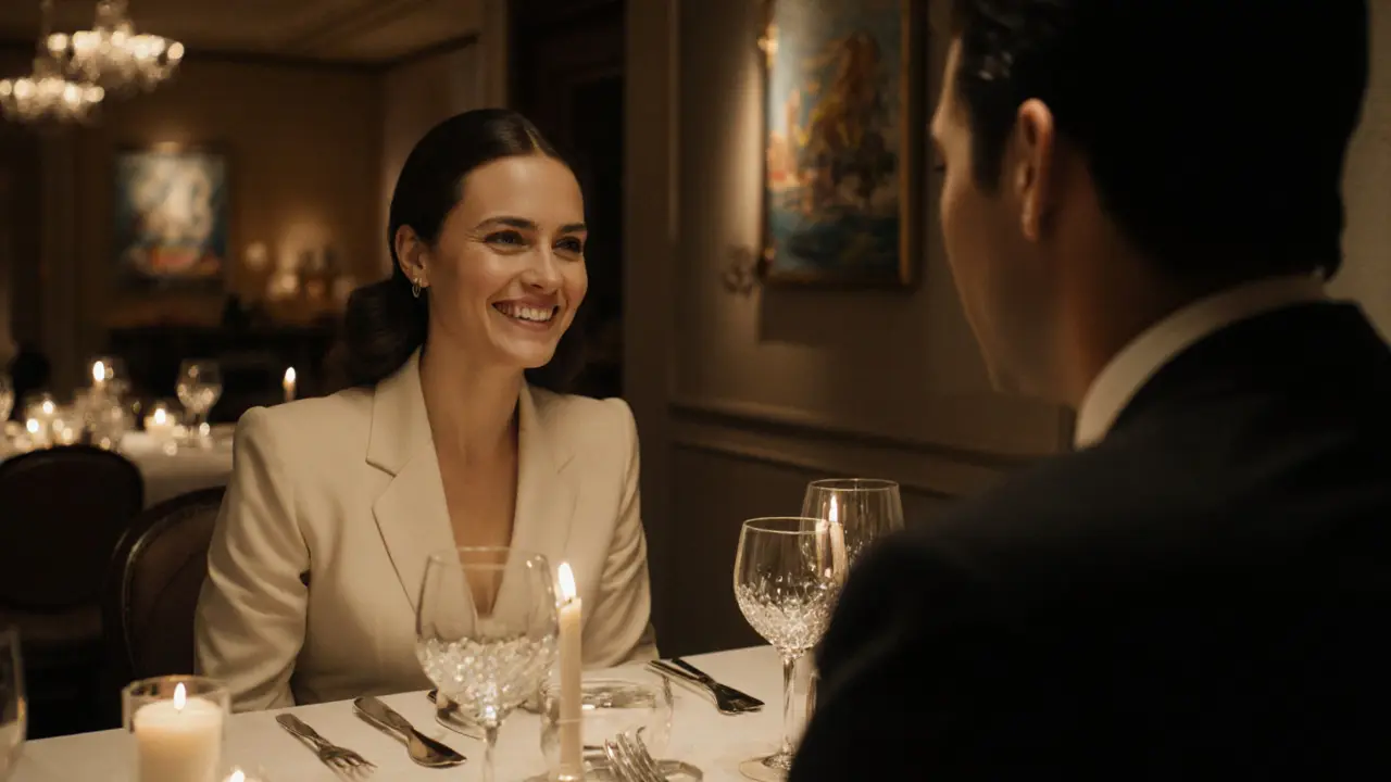 An intimate dinner for two in a private club, candlelit, with elegant table settings and no faces visible.