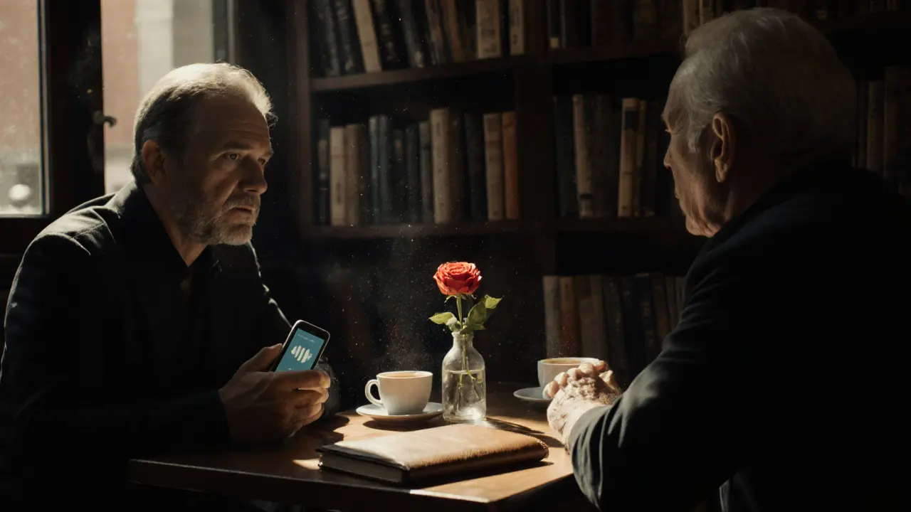 An older man and a male companion sharing a quiet moment over coffee in a Brera café, no physical contact.