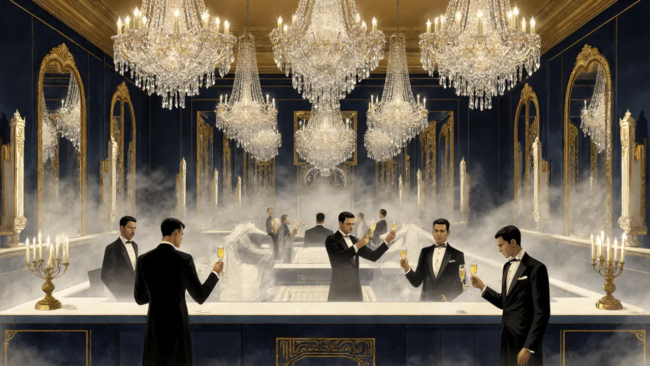 Art deco-inspired bar with chandeliers, tailcoated waiters, and mirrored elegance under candlelight.
