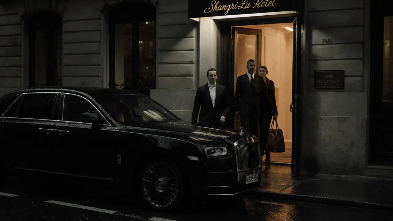 Black car arriving at hidden hotel entrance at night, doorman opening door in shadows.