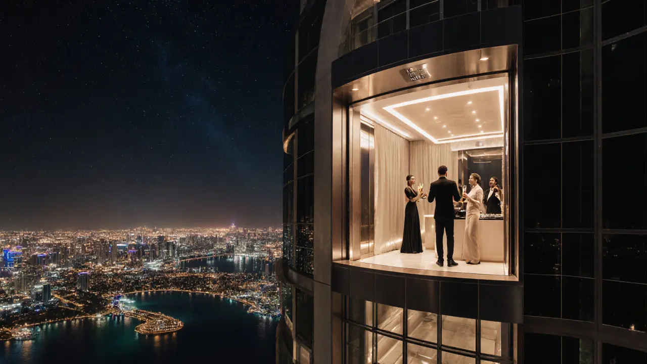 Cielo Dubai rooftop terrace with guests enjoying champagne and a breathtaking view of the Palm Jumeirah.