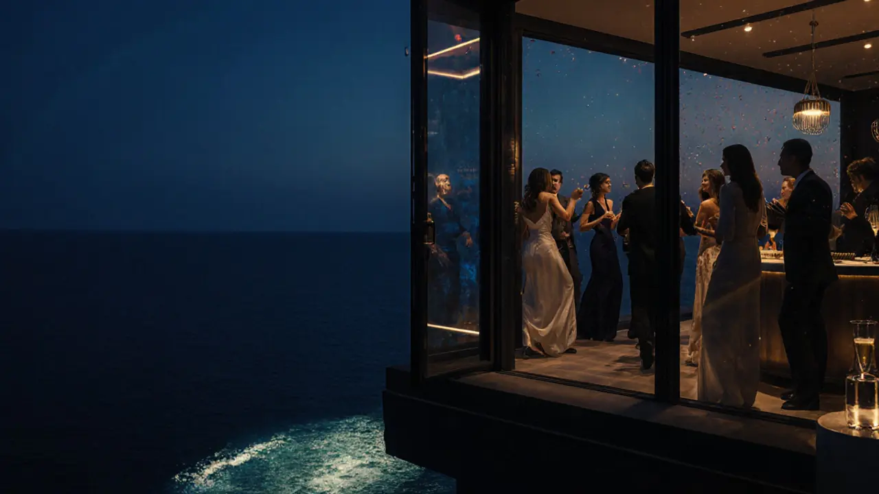 Cliffside nightclub with ocean views, subtle lighting, and sophisticated dancers at midnight.