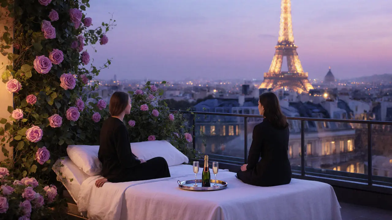 Couples on a rooftop terrace at dusk with Eiffel Tower in background, surrounded by roses.