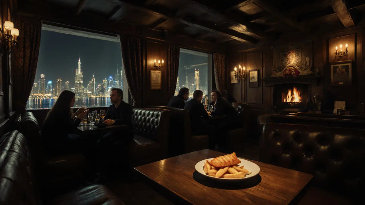 Cozy British-style pub interior at Dukes Dubai with fireplace, leather booths, and classic rock ambiance.
