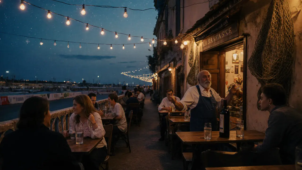 Cozy local bar at night with people laughing under string lights near the Formula 1 circuit.