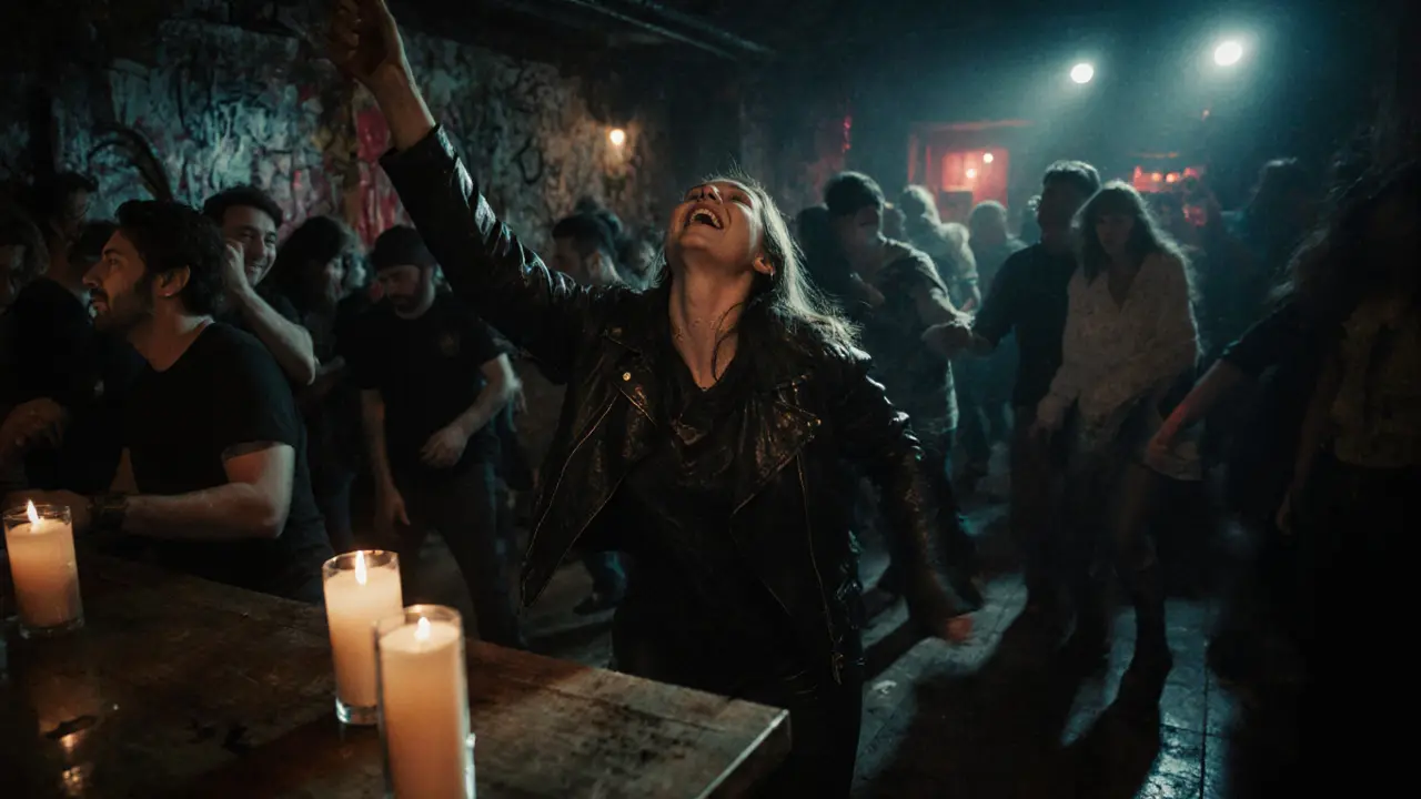 Crowd dancing in a dim basement club in Galata under strobe lights with a live techno beat.