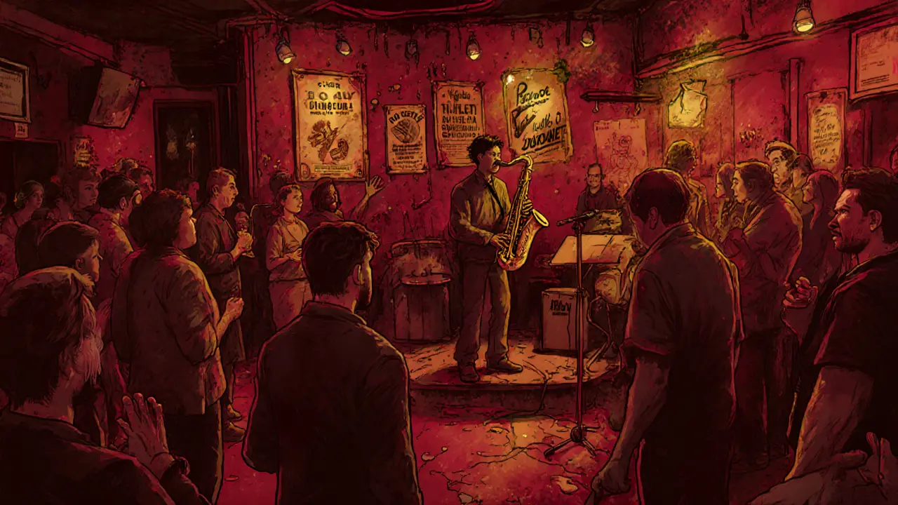 Crowd listening to live jazz in a dim, intimate Belleville venue with no stage lights or VIP areas.