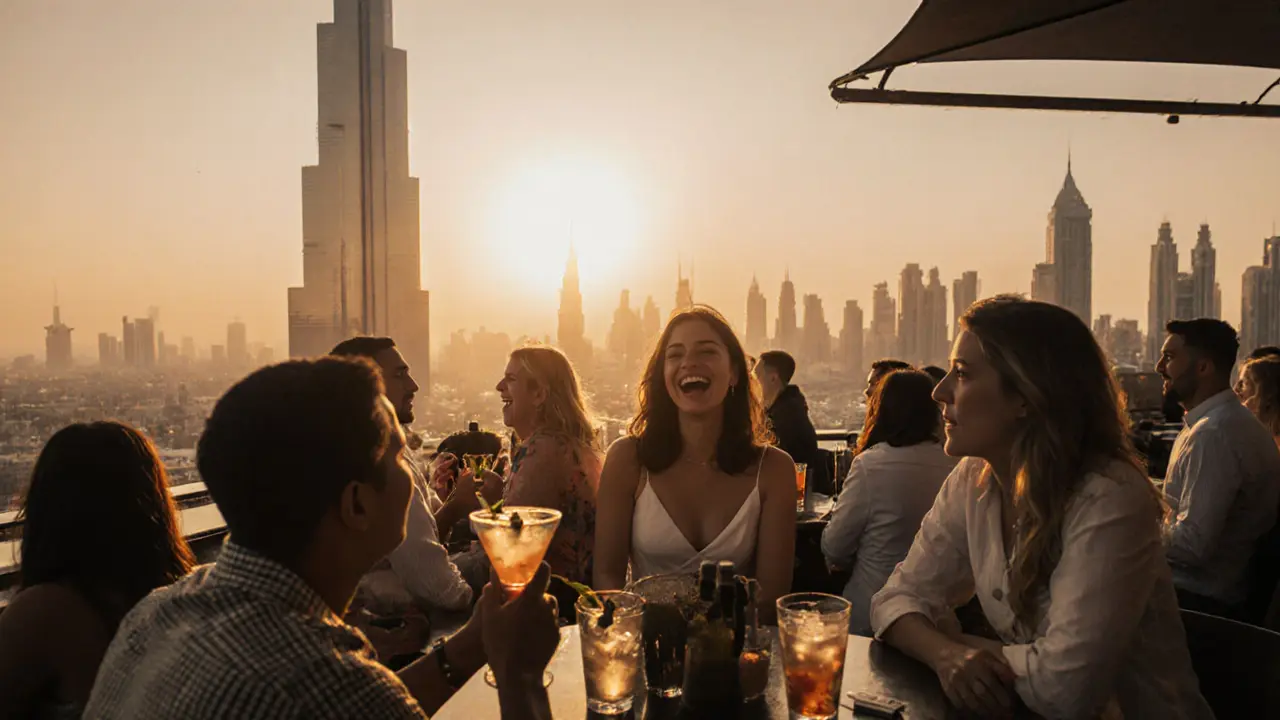 Crowds enjoying drinks at a luxurious Dubai rooftop bar with the Burj Khalifa in the background.